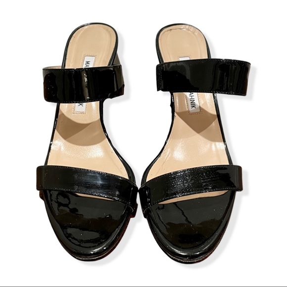 Manolo Blahnik Angufac 70 Black Patent Leather Double Strap Mule Heeled Sandals - Picture 3 of 8